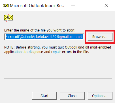 Click on the ‘Browse’ option in Inbox Repair tool