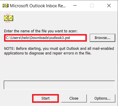 Select the corrupted PST file and click on ‘Start’