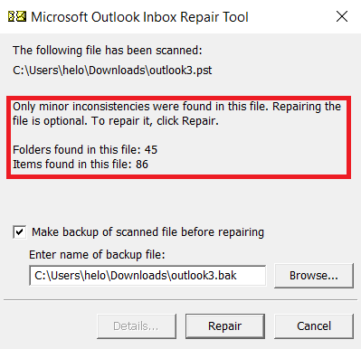 The Inbox Repair tool showcase the errors found in the PST file