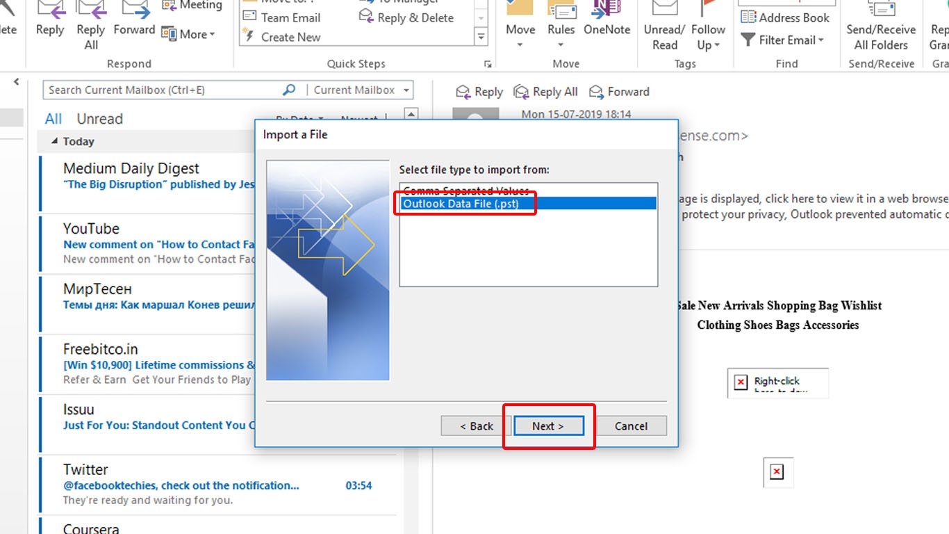 Choose the Outlook PST File and tap on “Next”