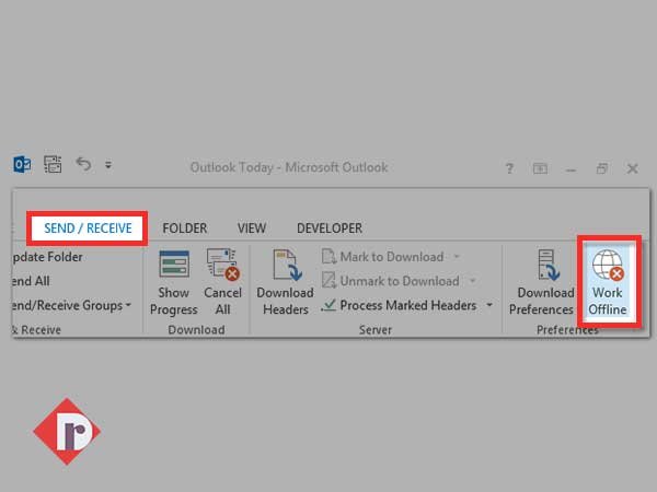Navigate on the “Send/Receive Tab” and click on the Outlook’s “Work Offline” button