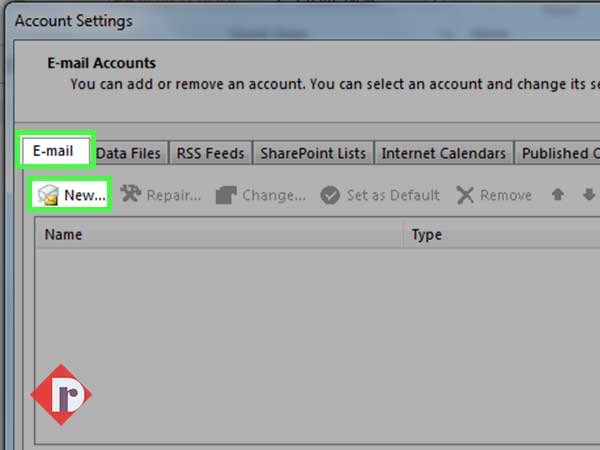Inside the ‘Account Setting wizard box,’ click on the ‘Email Tab’ and then, on the ‘New’ option
