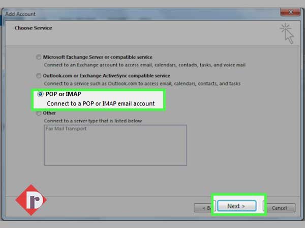 Click on“POP or IMAP: Connect to a POP or IMAP email account” option and hit the ‘Next’ button