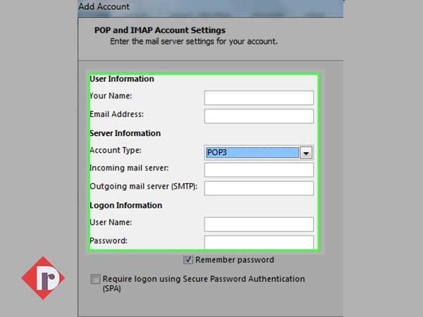 Onto the ‘Internet Email Settings Page,’ enter settings of your Bellsouth account in User Information, Server Information and Logon Information Sections.