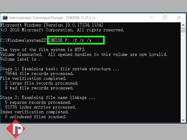 Type the “chkdsk F: /f” or “chkdsk F: /f /r /x” in the Disk part and hit the ‘Enter’ button