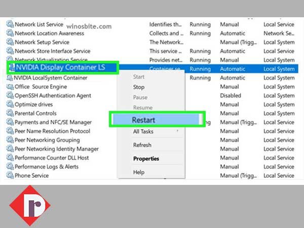 Open Nvidia services inside the ‘Services Window’ and right-click on each followed by clicking the ‘Restart’ button