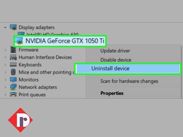 Expand the ‘Display Adaptors’ section, right-click on ‘Nvidia Driver’ and select the ‘Uninstall device’ option