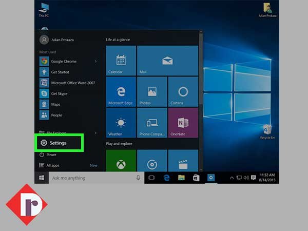 Click on the ‘Windows Start’ button and then, click on ‘Gear Shaped Icon’ to open ‘Settings’