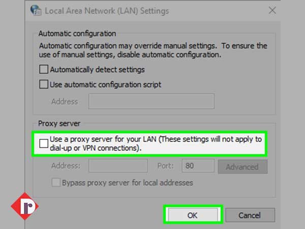 Deselect the “Use a proxy server for your LAN setting” option and hit the “OK” button