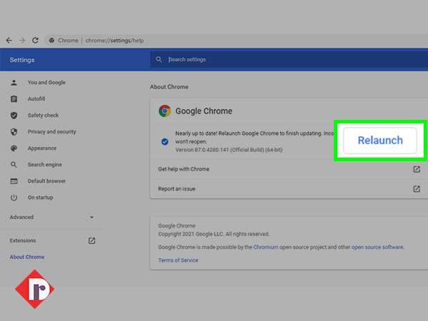 Click on the ‘Relaunch’ button to restart your Chrome browser