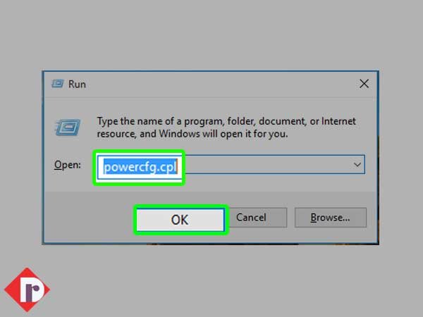 Type “powercfg.cpl” and press ‘OK’ button to open the Power Options window
