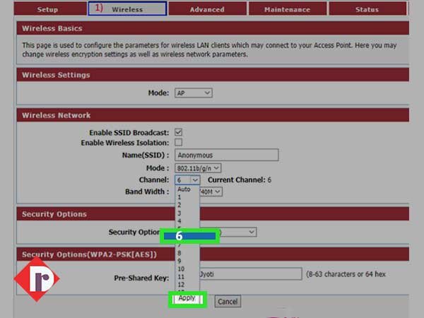 Select the least crowded Wi-Fi channel 6 and click on the ‘Apply’ button