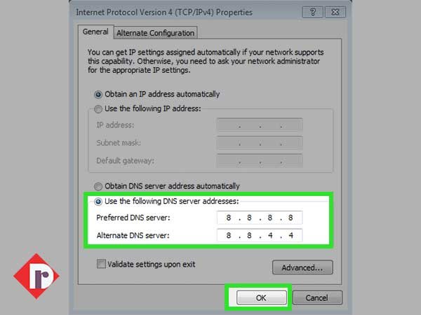 Select ‘Use the following DNS server’ and enter Google DNS server address in Preferred & Alternate DNS Server before hitting ‘OK’