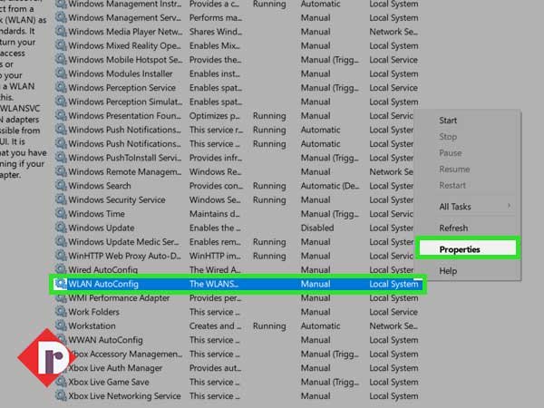Right-click on the ‘WLAN AutoConfig’ entry to click on the ‘Properties’ option