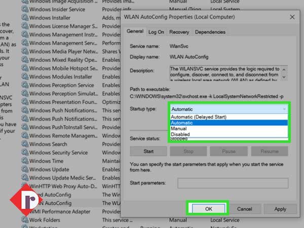 Change the ‘Startup type’ to ‘Automatic in WLAN AutoConfig properties and press the ‘OK’ button