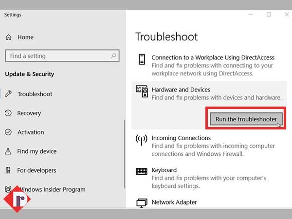 Click the ‘Hardware and Devices Troubleshooter’ option to select ‘Run the Troubleshooter’ option