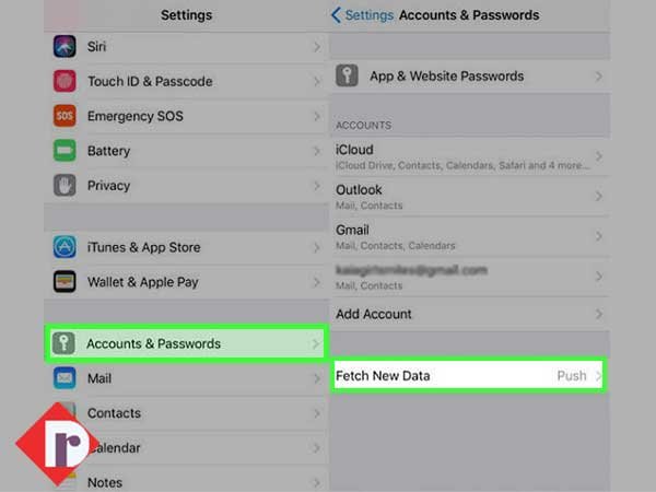 Navigate from ‘Accounts & Passwords’ section to tap on ‘Fetch New Data’ option and toggle ‘Push’
