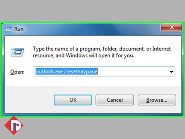 Type “outlook.exe /resetnavpane” and click on ‘OK’