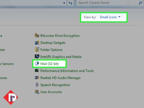 Select ‘Small Icons’ and click on the “Mail (Microsoft Outlook 2016) (32-bit)” option