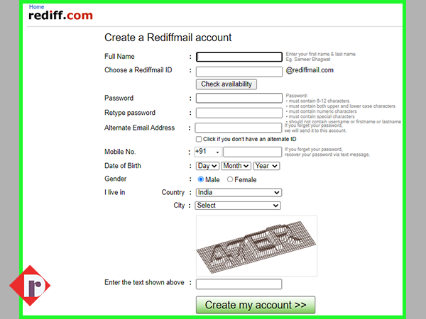 Rediffmail sign up form