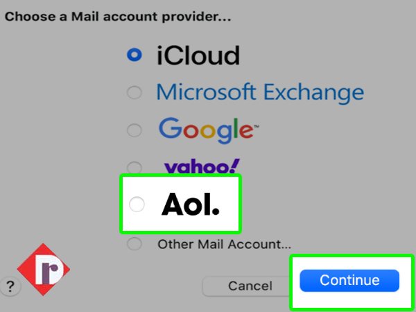 Choose AOL from the email service providers’ list to add AOL account to Apple Mail