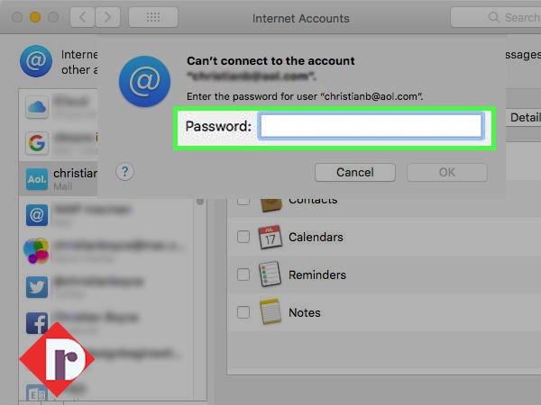 Enter the AOL app password generated for Apple Mail.