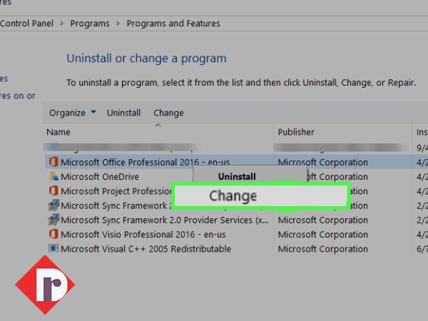 Right-click on ‘Microsoft Office Installation’ and select the ‘Change’ option.