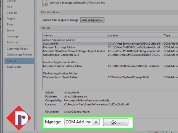 Set the ‘Manage’ to “COM Add-ins” option and Click on ‘Go’ button