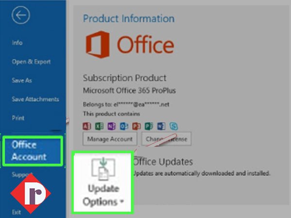 Click on ‘Office Account’ and ‘Update Options’