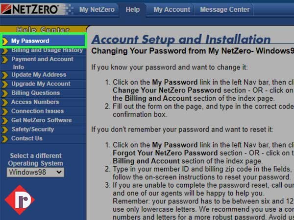 Go to NetZero Help Centre Page and click on the ‘My Password’ link.