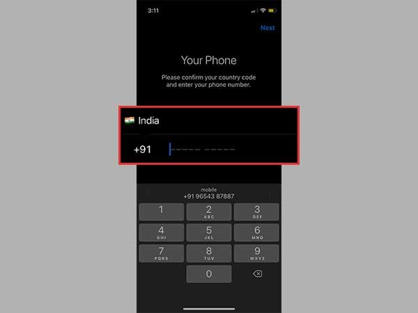Fill in your country code and phone number (Hide phone number)