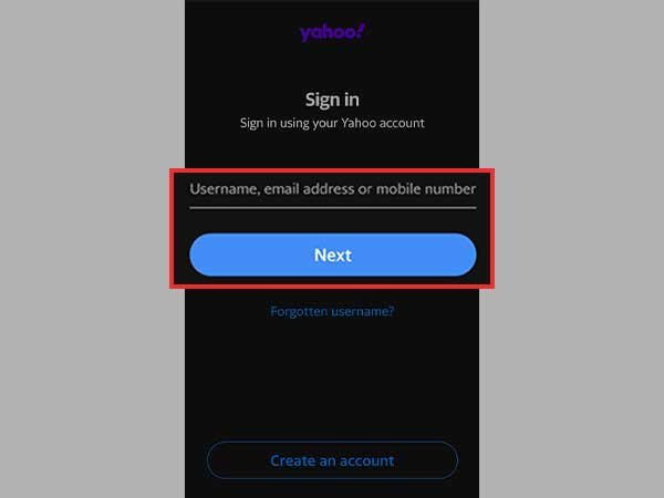 Yahoo Username then Next Button